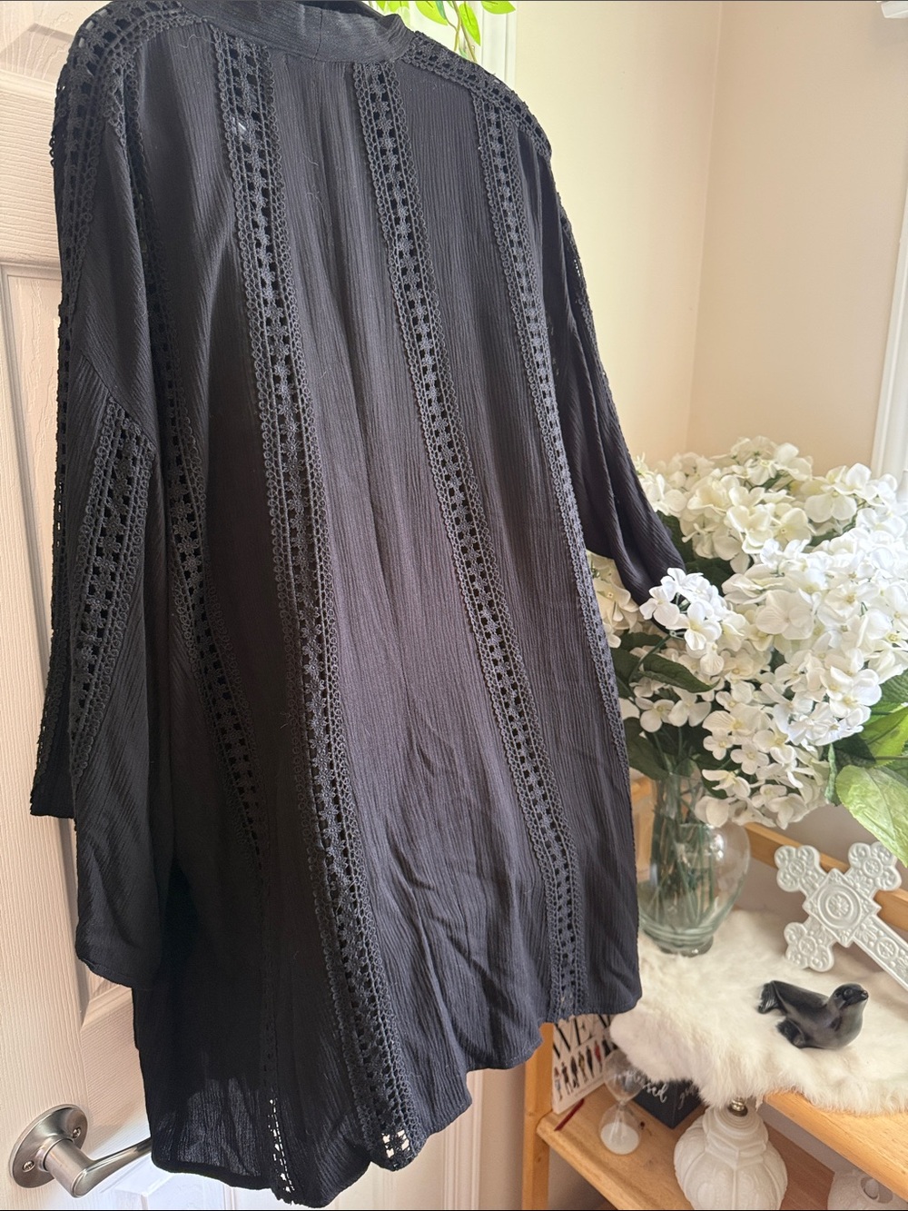 Deep Black Open-Front Gauze Lace Kimono Blazer Cardigan - Picture 6 of 7